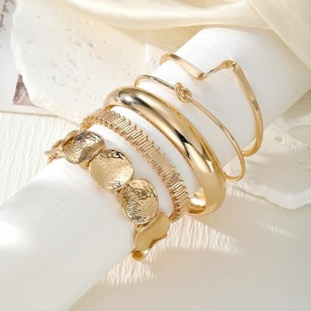 Gold Bangle Bracelet Setโ 5 Piece Textured Hammered Coin Knot Chevron Cuff Stack
